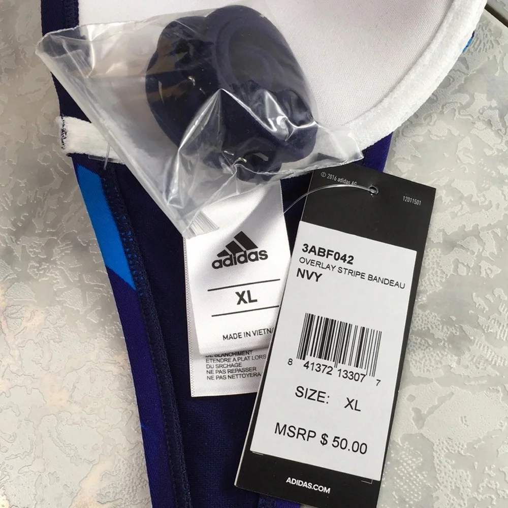 adidas Bandeau Bikini Top Navy, White, Teal, Bathing Suit Top. Size XL NWT - Picture 7 of 8